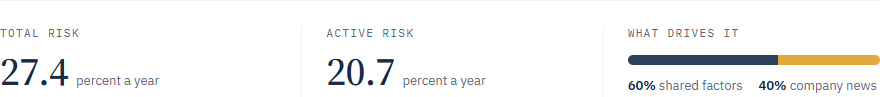 The three headline readings of the risk model: total risk and active risk in percent a year, and a bar splitting the risk between shared factors and company news