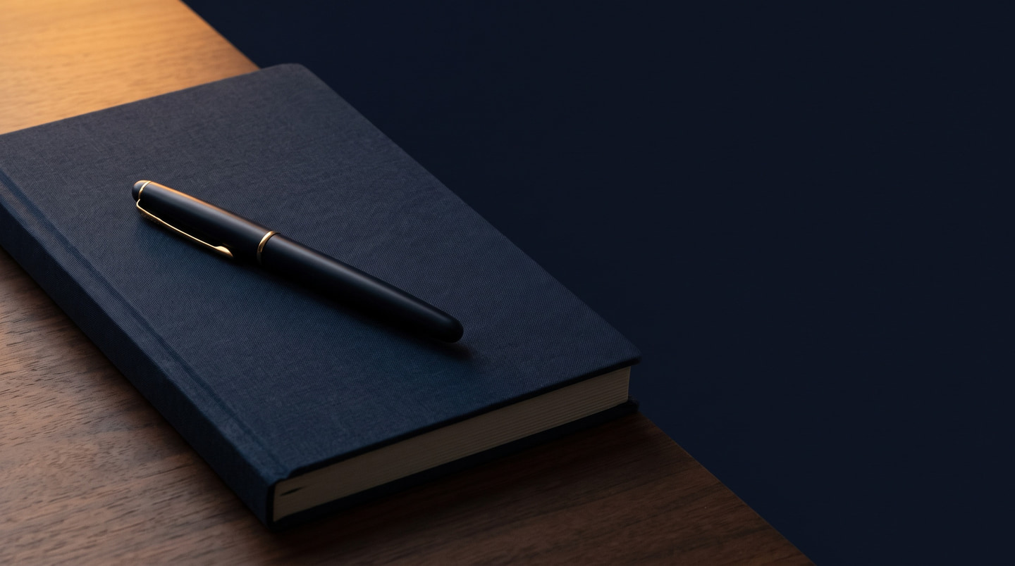 Fountain pen resting on a navy linen notebook