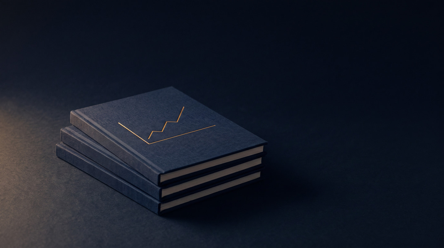 Stack of bound research reports with a gold curve engraved on the cover