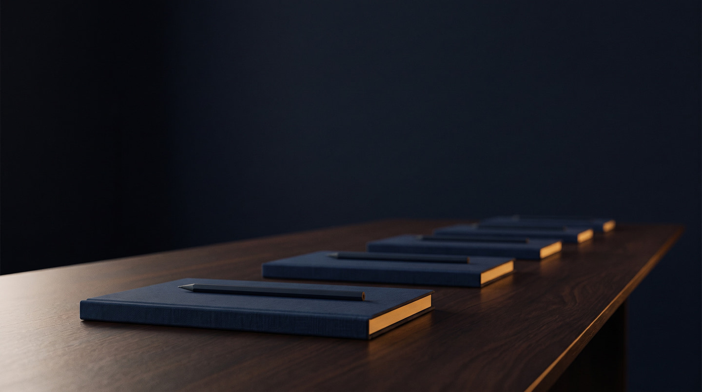 Row of identical notebooks lined up on a meeting table