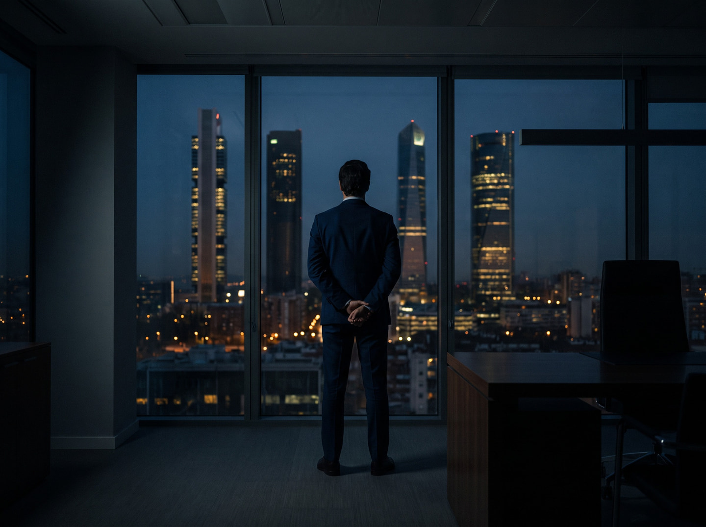 The founder, seen from behind at a window, facing the Cuatro Torres of Madrid at dusk