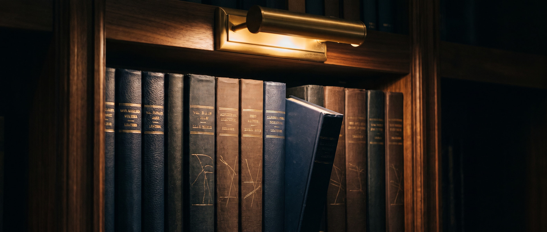 Shelves of finance and mathematics books under a brass lamp