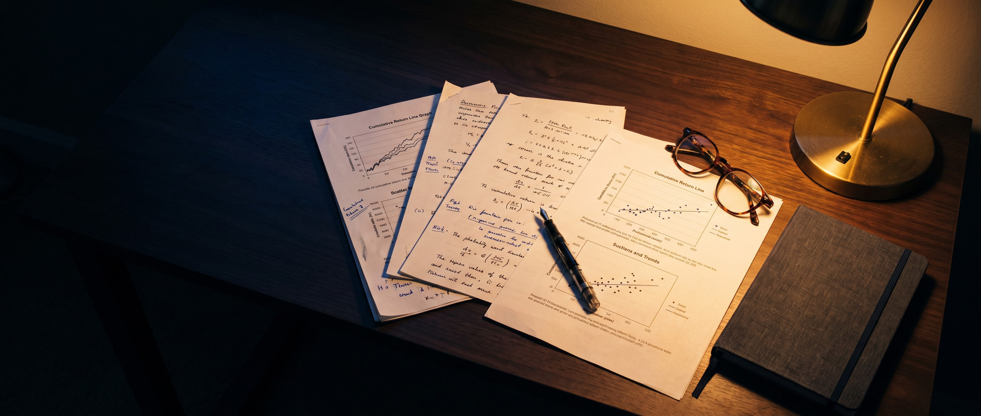 Research desk with annotated papers, reading glasses and a fountain pen under a lamp