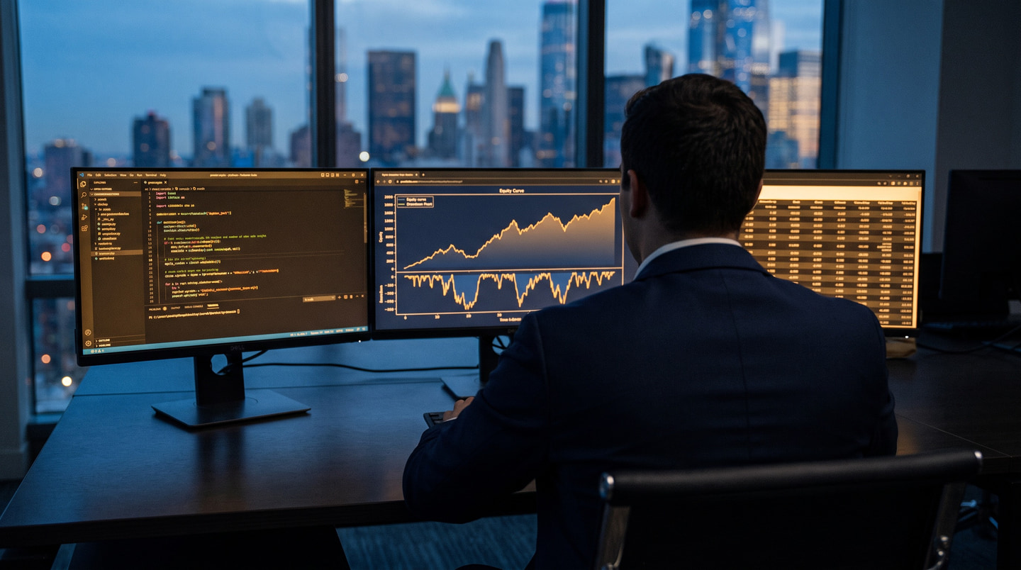 Analyst from behind at a workstation with three quantitative analysis monitors