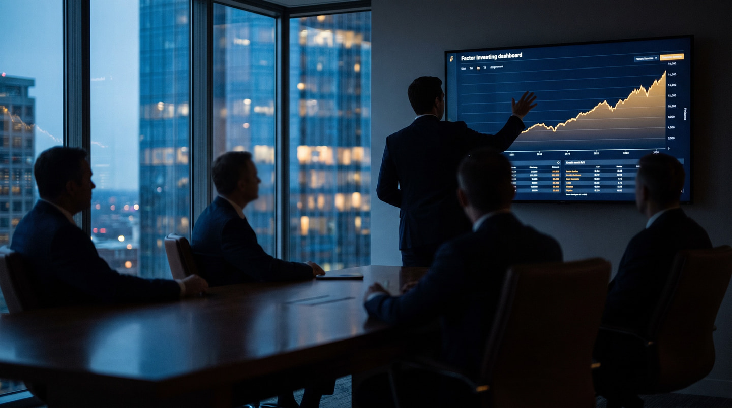 Trainer presenting a factor investing dashboard to a team in a boardroom