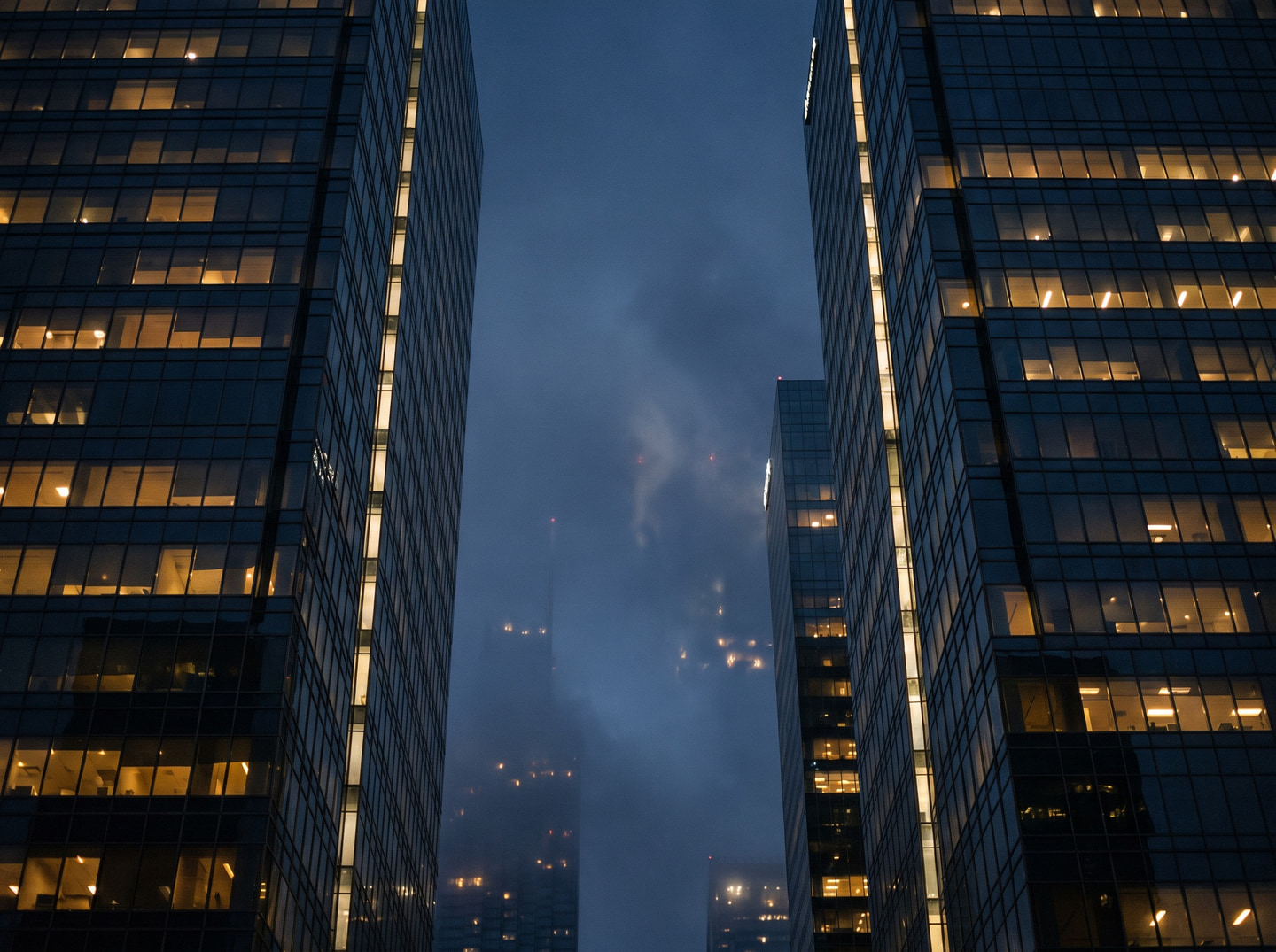 Office towers of a financial district at blue hour