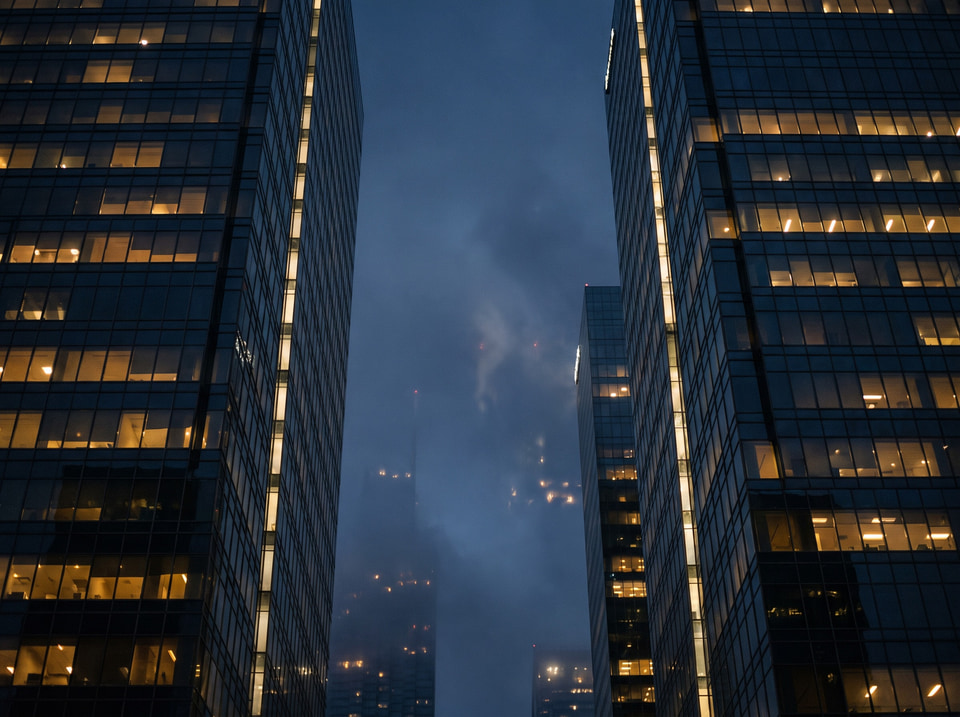 Office towers of a financial district at blue hour
